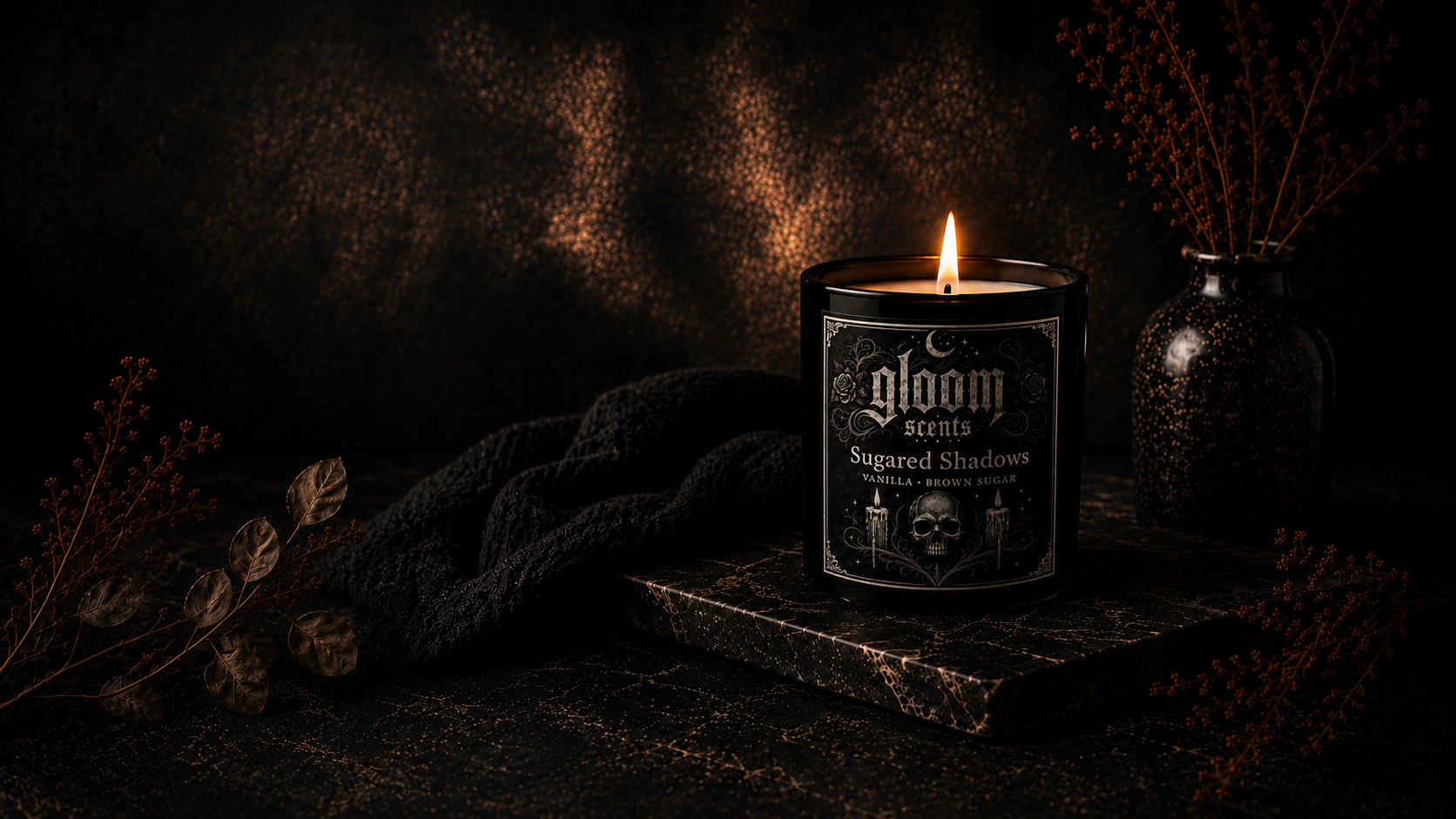 Gloom Scents Sugared Shadows candle styled with dried botanicals on dark marble