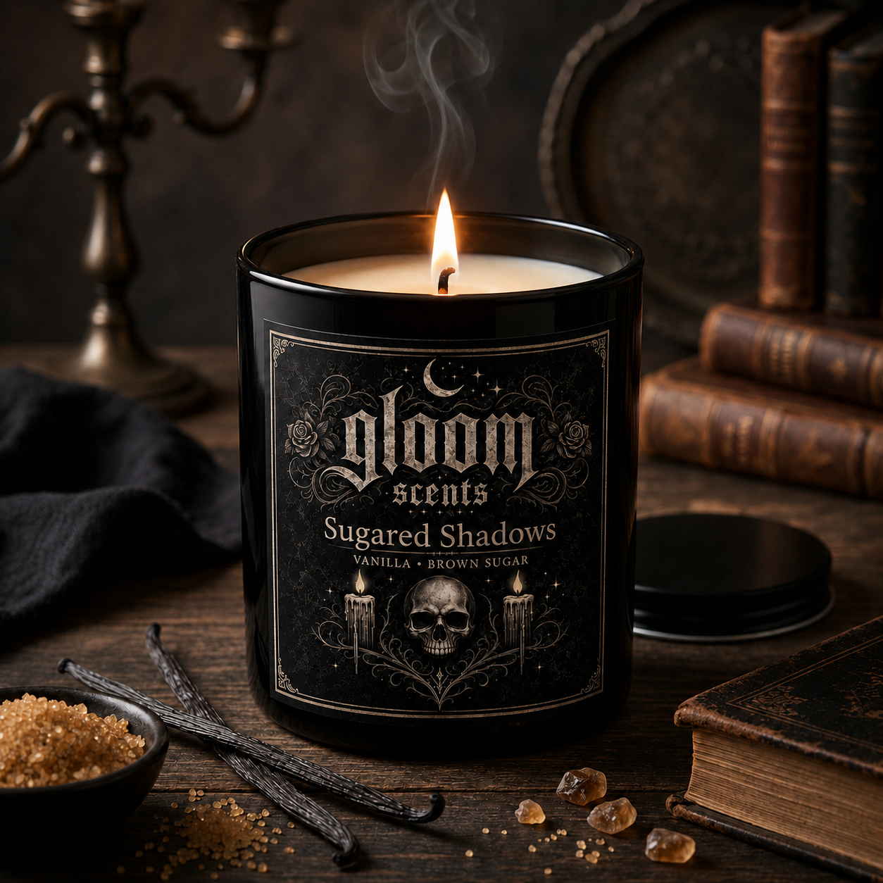 Sugared Shadows candle by Gloom Scents — vanilla and brown sugar scent