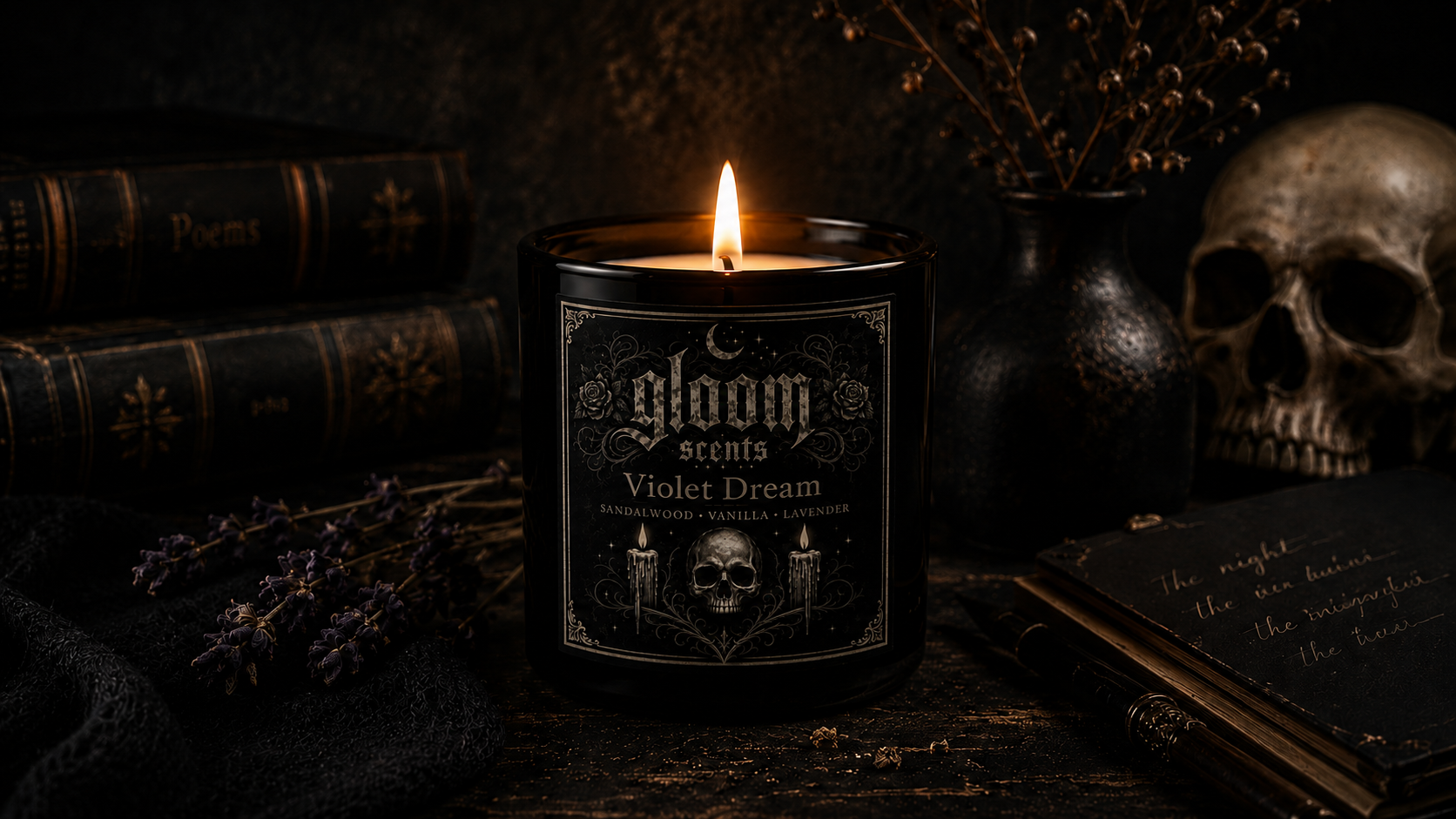 Gloom Scents hand-poured candle styled with vintage books
